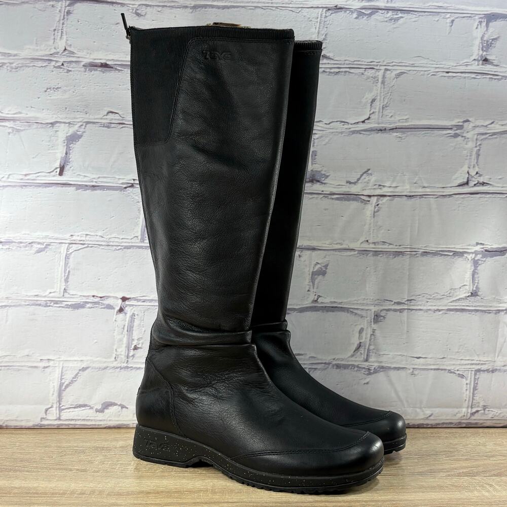 Teva Afton Black Leather Waterproof Riding Boots Women's Size 8 Knee High Tall
